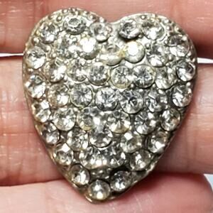 Clear Rhinestone Silver Tone Heart 1" Brooch Pin Vtg